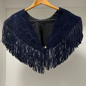 Vintage Suede Leather Navy Blue Filigrees Pattern Fringe Collar Made In Mexico